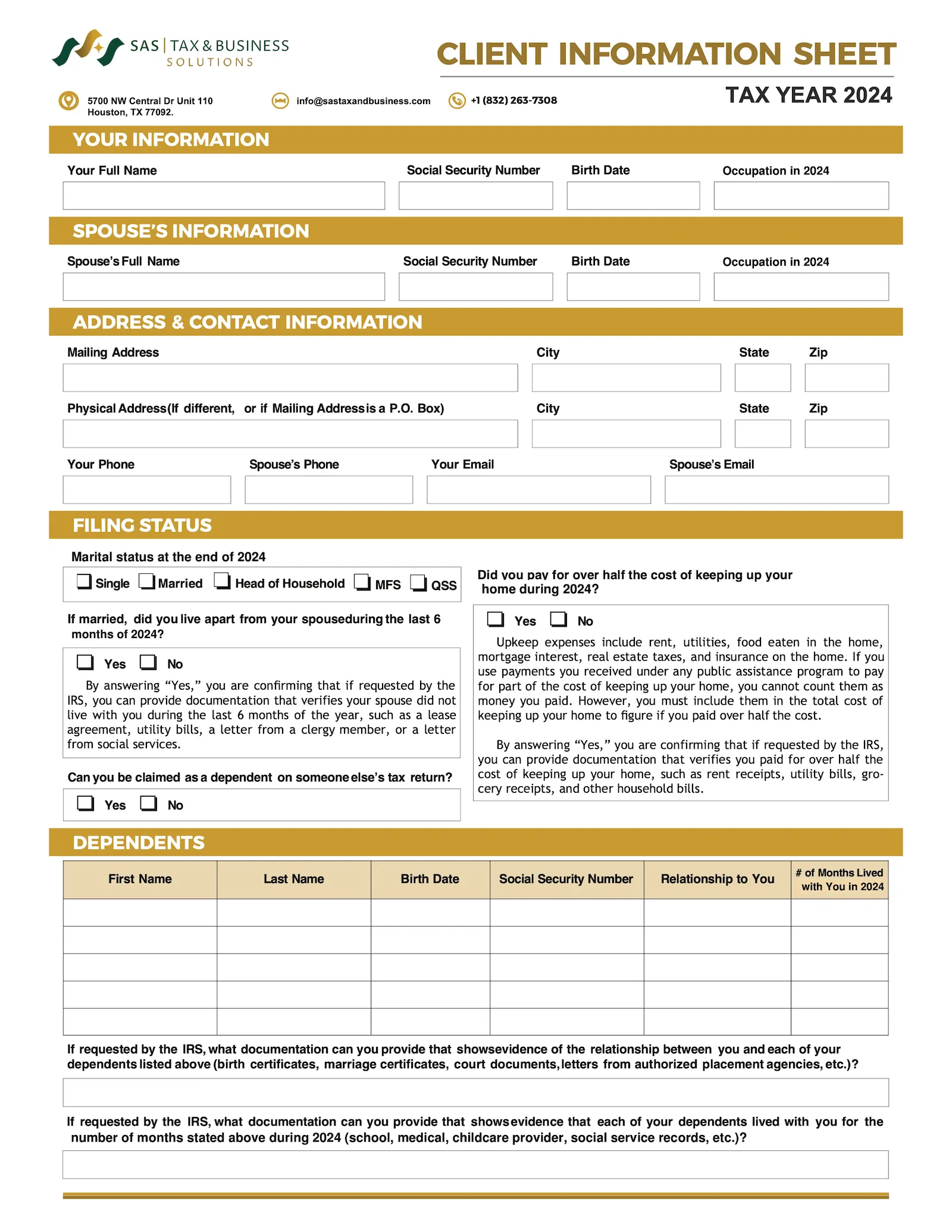 Client Information Sheet 2024 SAS Tax