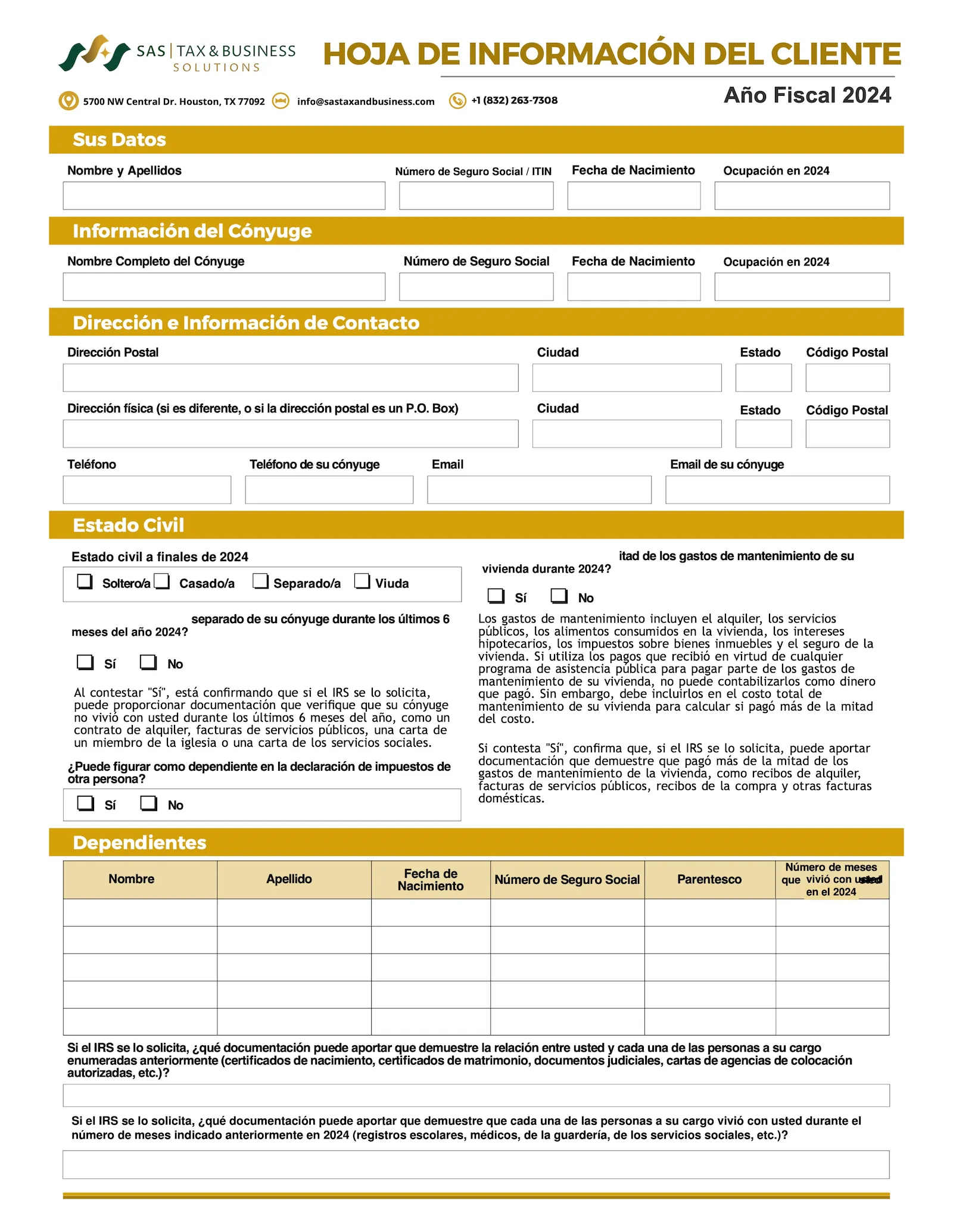 Hoja de Informacion del Cliente 2024 SAS Tax