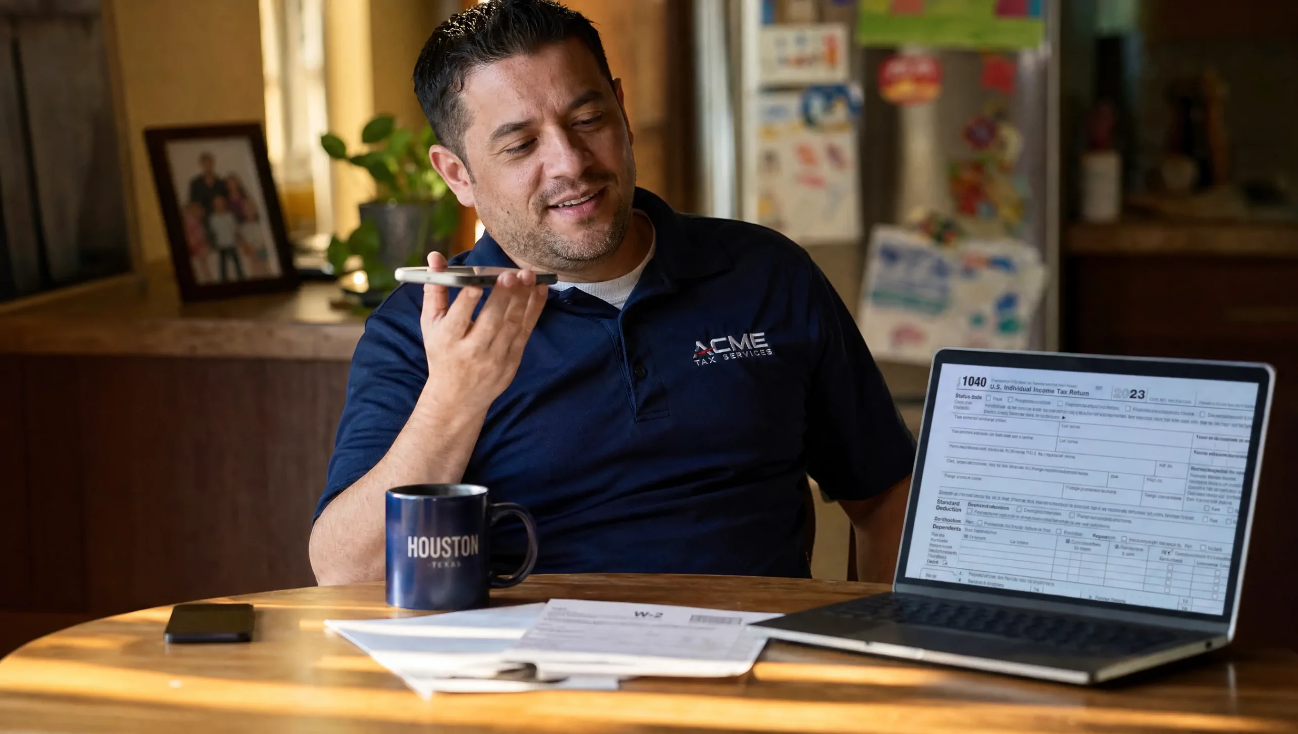 Hispanic employee reviewing his W-2 tax return at home with his SAS accountant on call