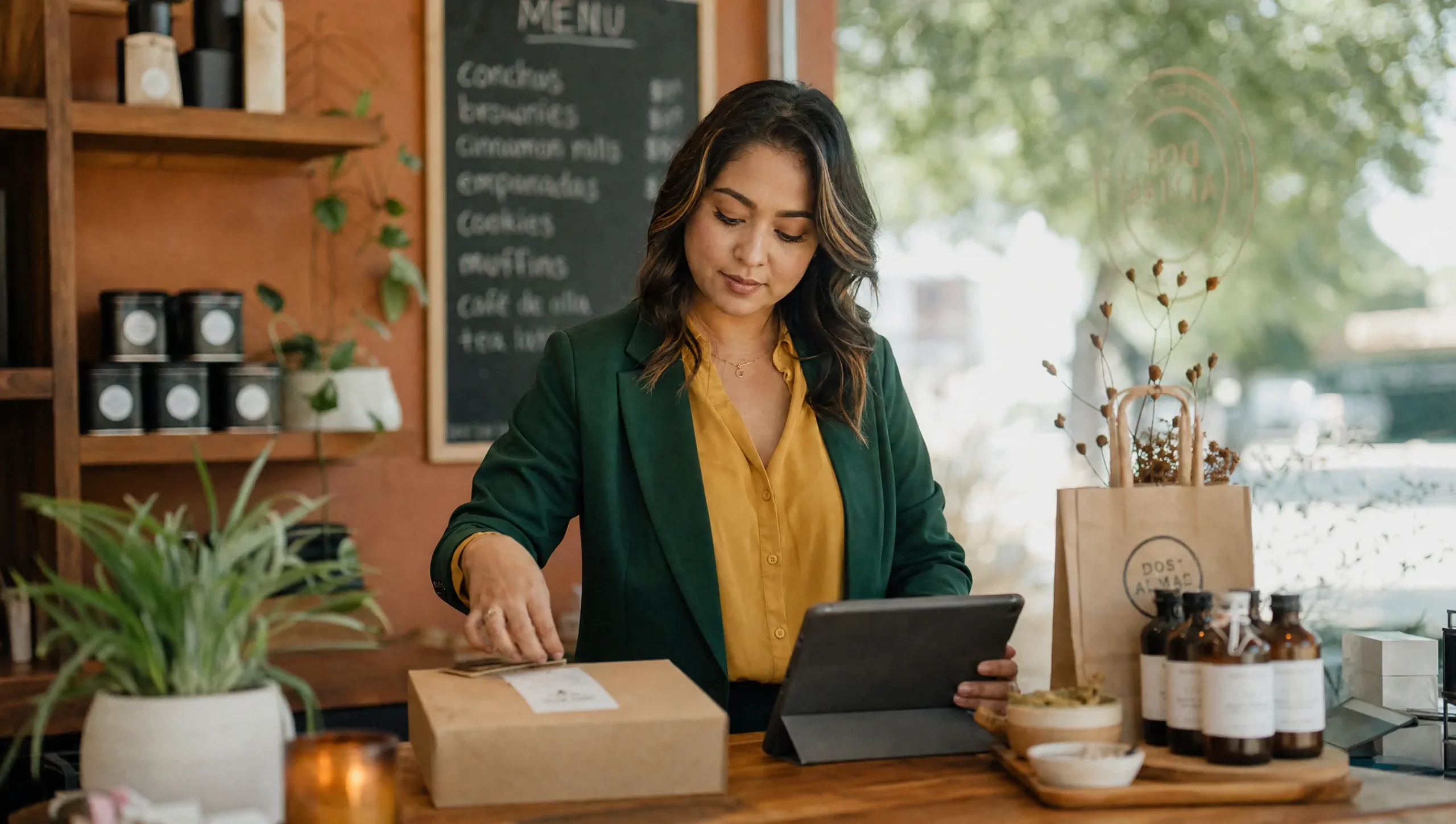 Latina entrepreneur managing inventory at her startup storefront in Houston — SAS Tax & Business Solutions