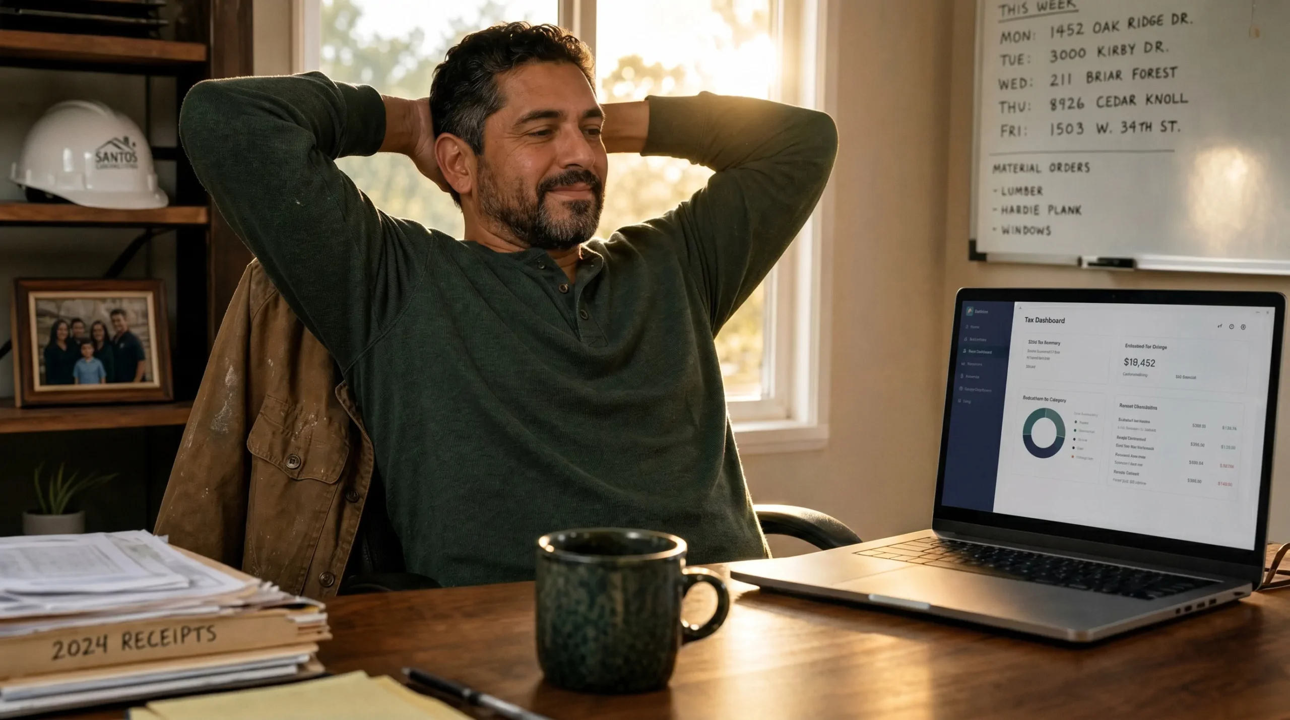 Latino contractor reviewing his Schedule C tax return at home with peace of mind from SAS