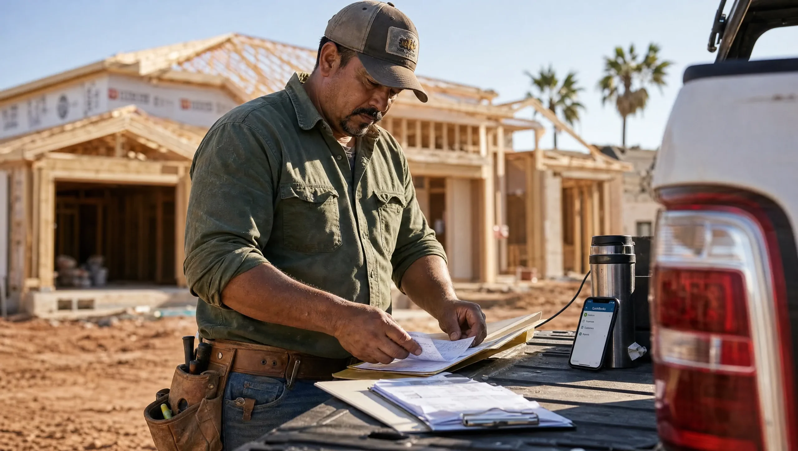 Latino contractor organizing receipts and invoices at his work truck on a Houston jobsite